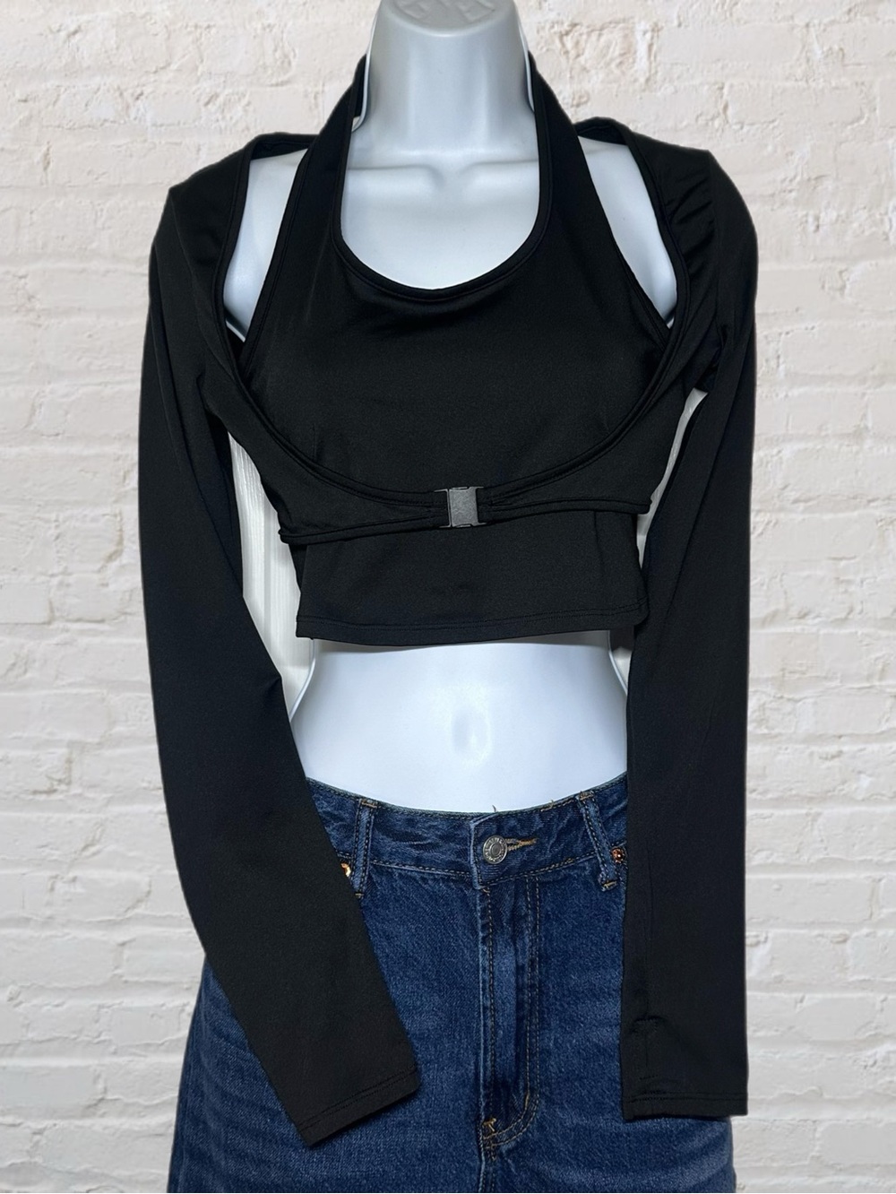 SHEIN Black Long Sleeve Halter Buckle Front Multi Layer Top in Women’s Size Med